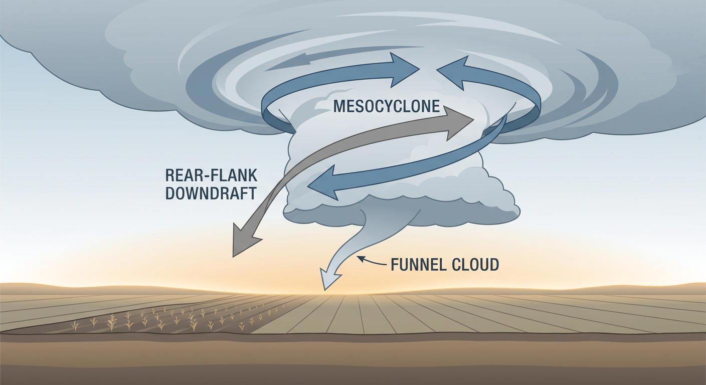 A supercell thunderstorm's rotating updraft base illustrated in cross-section, showing the mesocyclone, rear-flank downdraft, and a developing funnel reaching toward the ground, labeled diagram style, muted blue-gray and amber storm light, no text overlays beyond simple labels
