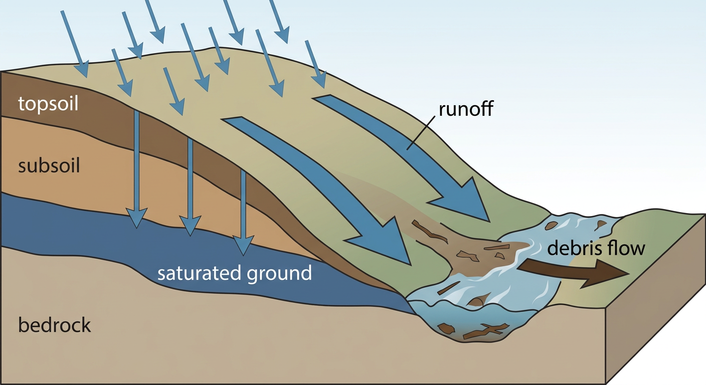 Simple infographic showing how repeated rounds of heavy rain saturate soil until it can no longer absorb water, with a cross-section of soil layers filling up like a sponge and excess water shown running off downhill into a creek channel