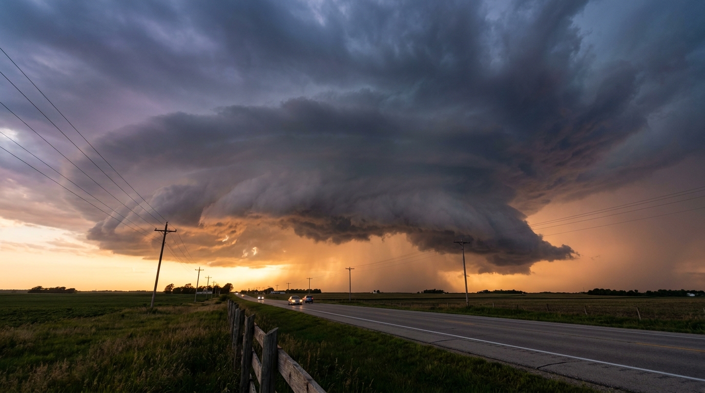 Shelf cloud advancing over a Midwest highway and farmland at dusk, dramatic amber and blue-gray sky, low camera angle looking up at the leading edge of the cloud, power lines in foreground
