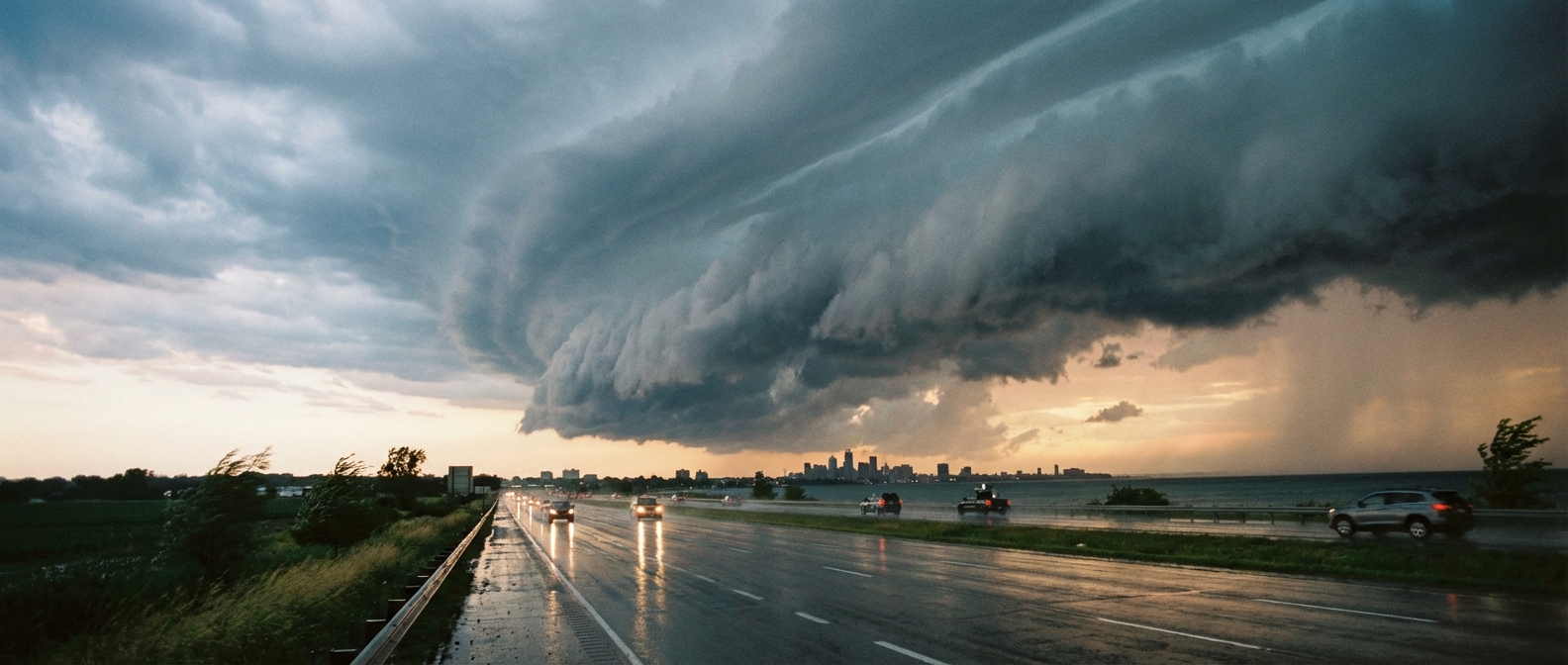 Shelf cloud moving over a Great Lakes highway