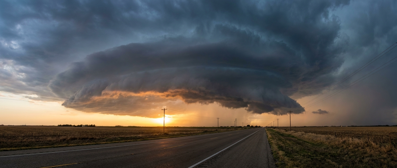 A dark shelf cloud advancing over a Texas highway at dusk