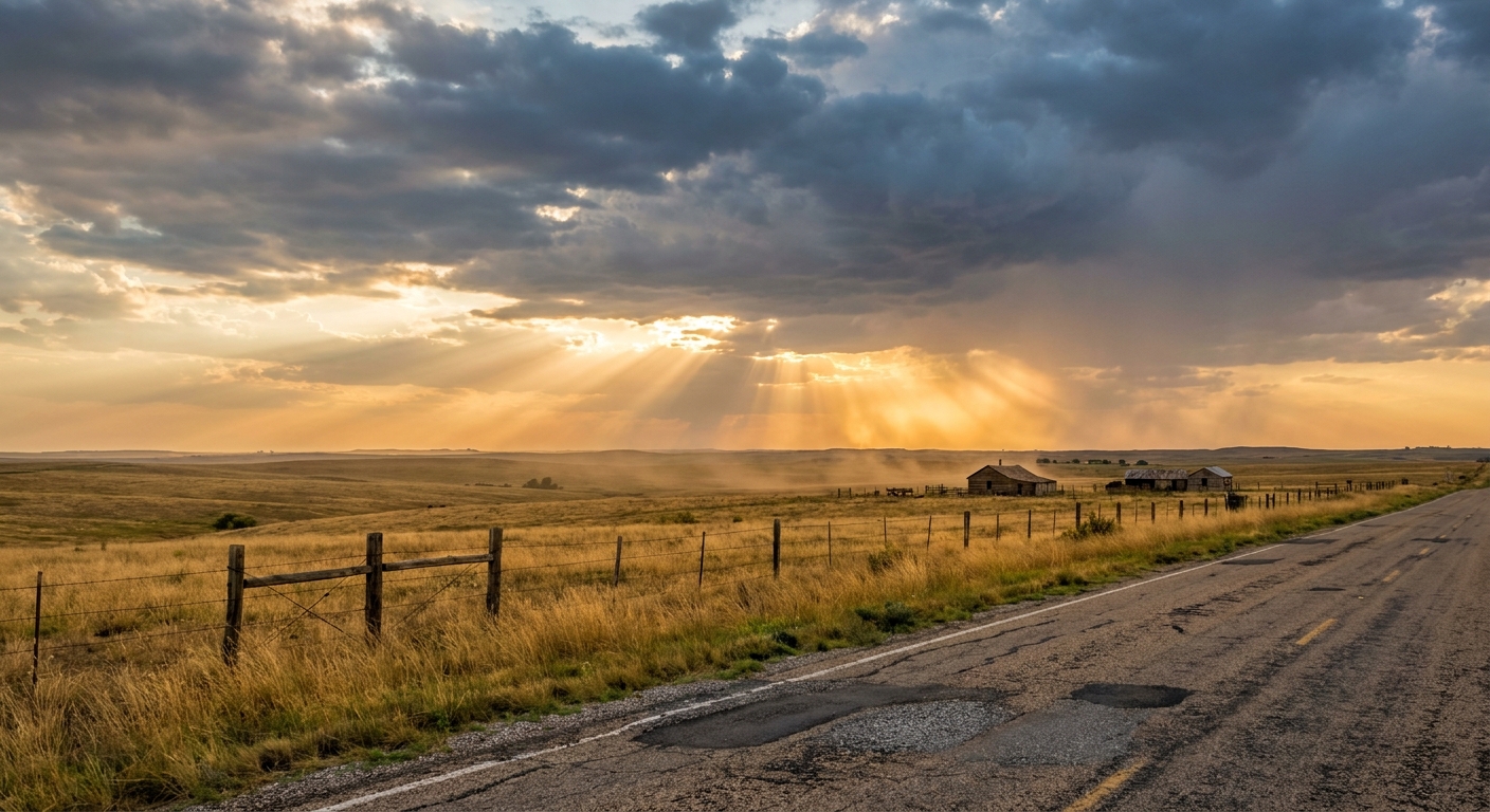 Sunlight breaking through storm clouds over a Texas highway