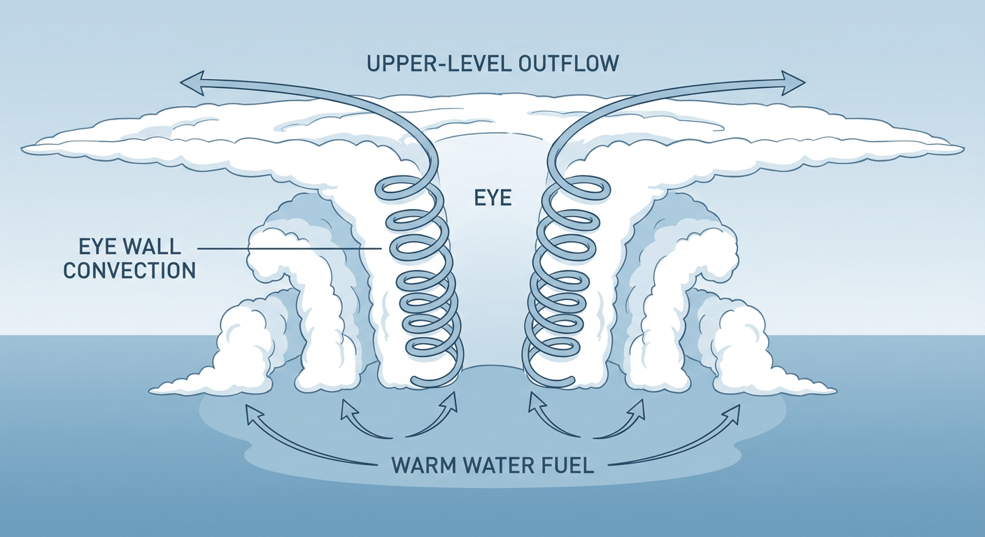 Cross-section diagram showing how a hurricane rapidly intensifies over warm ocean water, with labeled arrows for warm sea surface temperature, rising moist air, an eye wall, and outflow venting aloft, clean educational style with no geography shown
