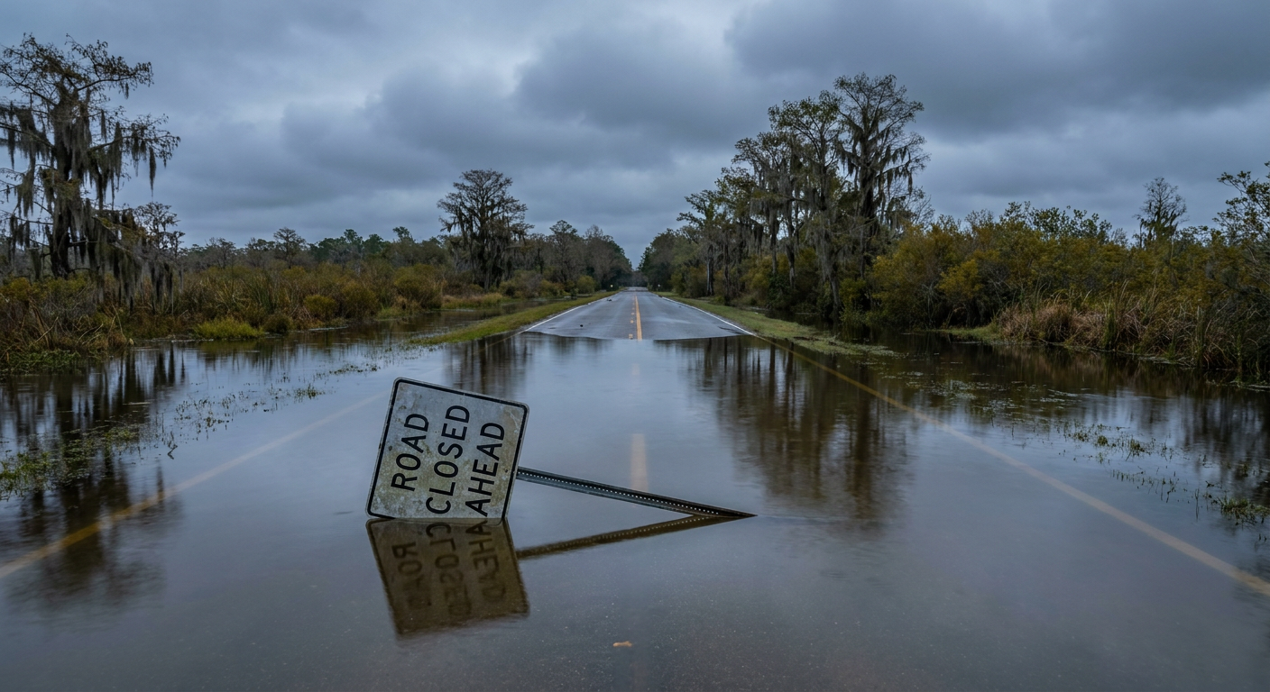 A saturated Gulf Coast bayou landscape at gray dawn, standing floodwater reflecting low clouds along a two-lane rural highway, a leaning road sign half submerged in the foreground, muted blue-gray and olive-green palette, wide low-angle shot looking down the flooded road