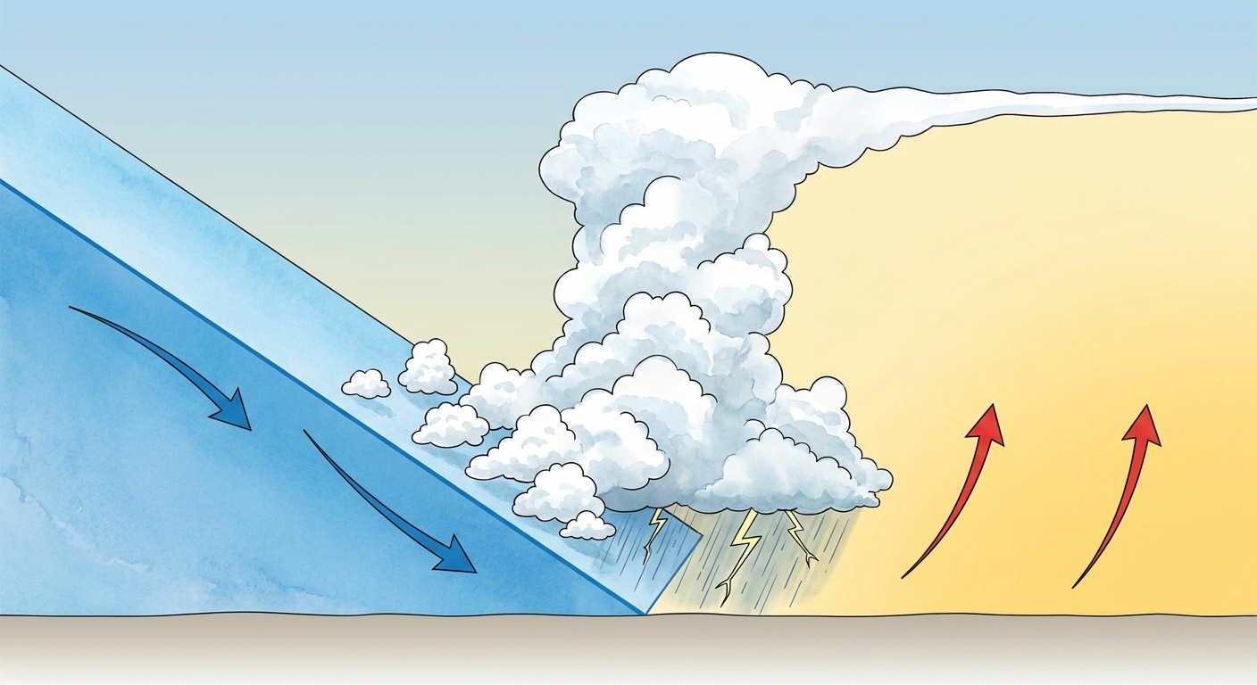 Diagram of a cold front lifting warm, moist air to create thunderstorms