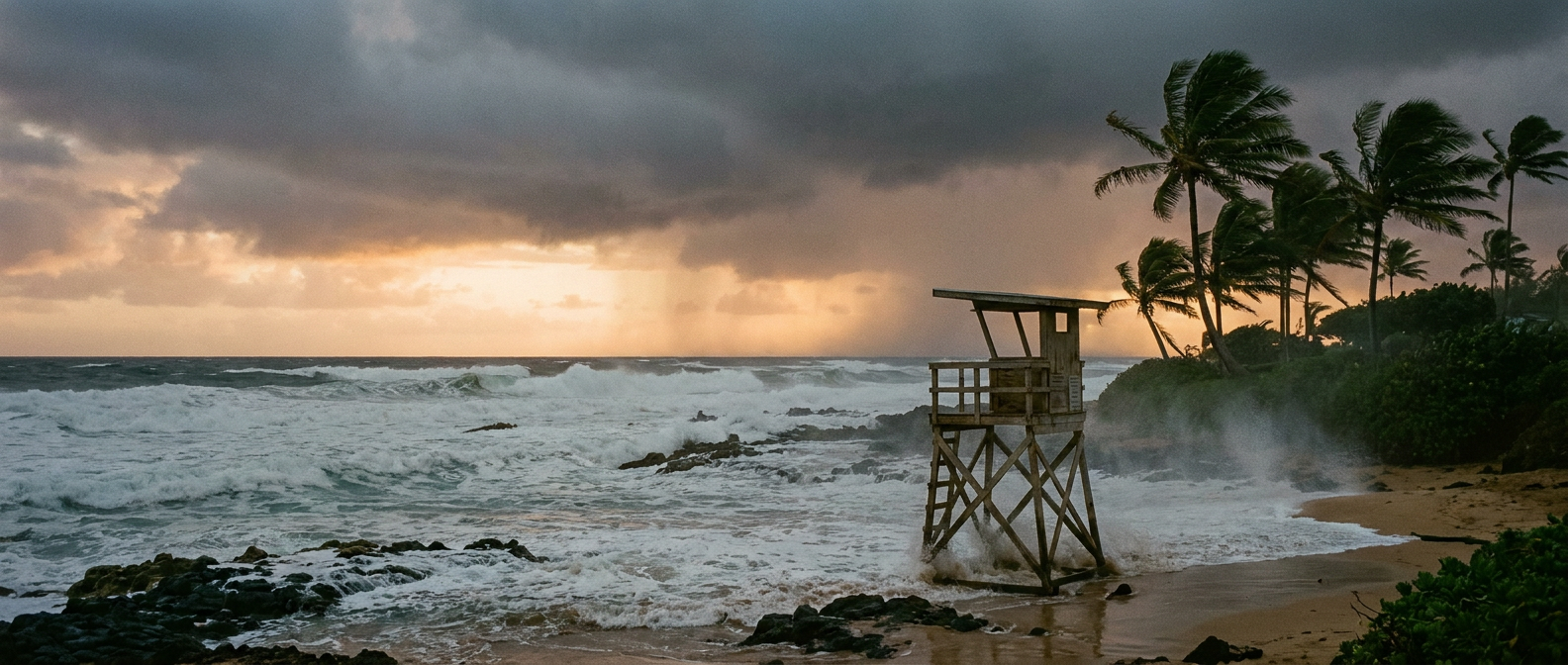 A Kauai beach at dusk with heavy surf building and palm fronds bending in a strengthening onshore wind, outer rain bands visible on the horizon, warm amber sunset light fading to storm-gray clouds, a lifeguard tower standing empty in the foreground, wide low-angle establishing shot