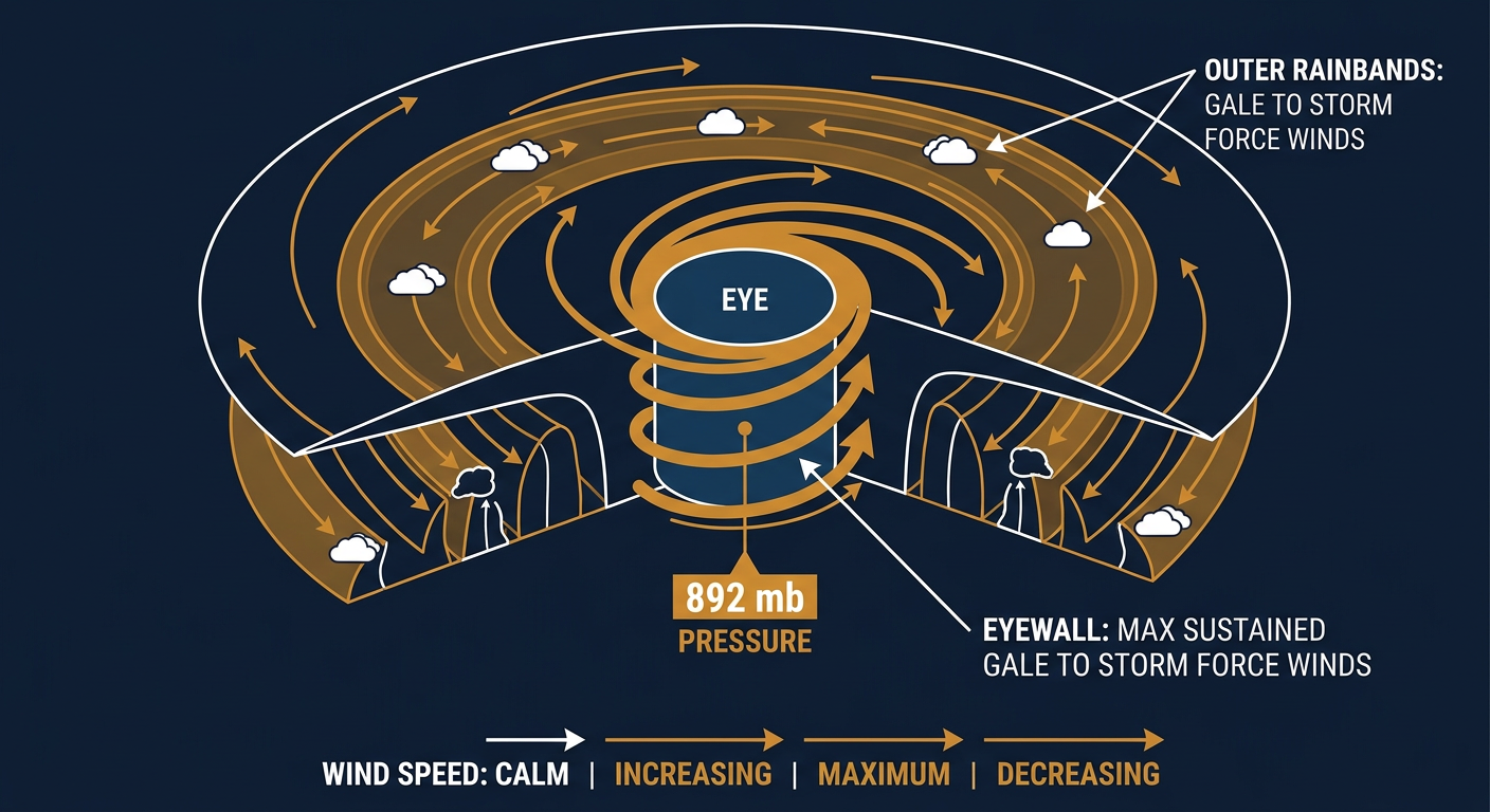A powerful Category 5 hurricane eyewall cross-section diagram showing labeled wind speed bands, a clear central eye, spiral rainbands, and a 892 millibar pressure marker, rendered as a clean scientific illustration with no geography or map elements, dark navy and white color scheme, educational poster style