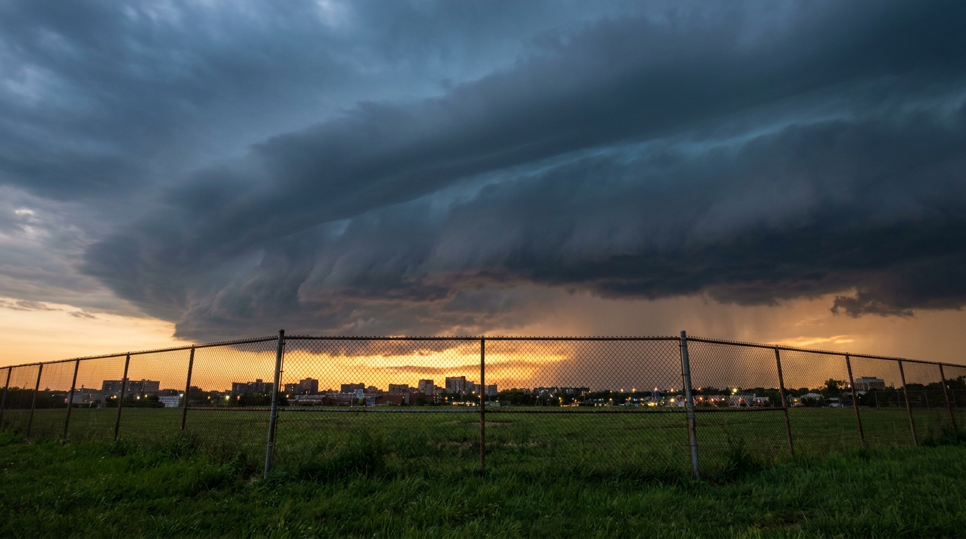 Shelf cloud advancing over a low city skyline at dusk, wide-angle view from a park outfield fence, warm amber sunset light behind the storm's leading edge, cool blue-gray cloud base pushing in from the left, dramatic but not menacing, no logos or text