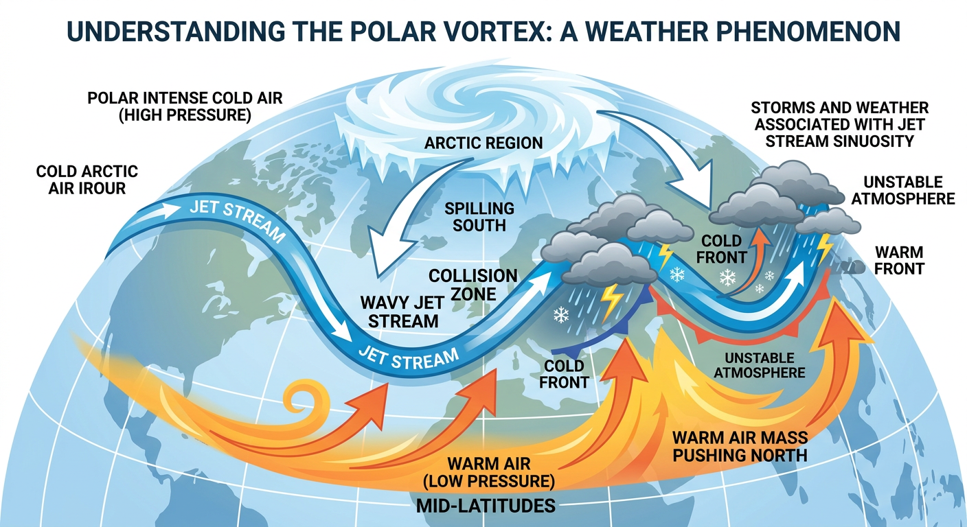 Diagram showing the clash between warm spring air and arctic cold fronts