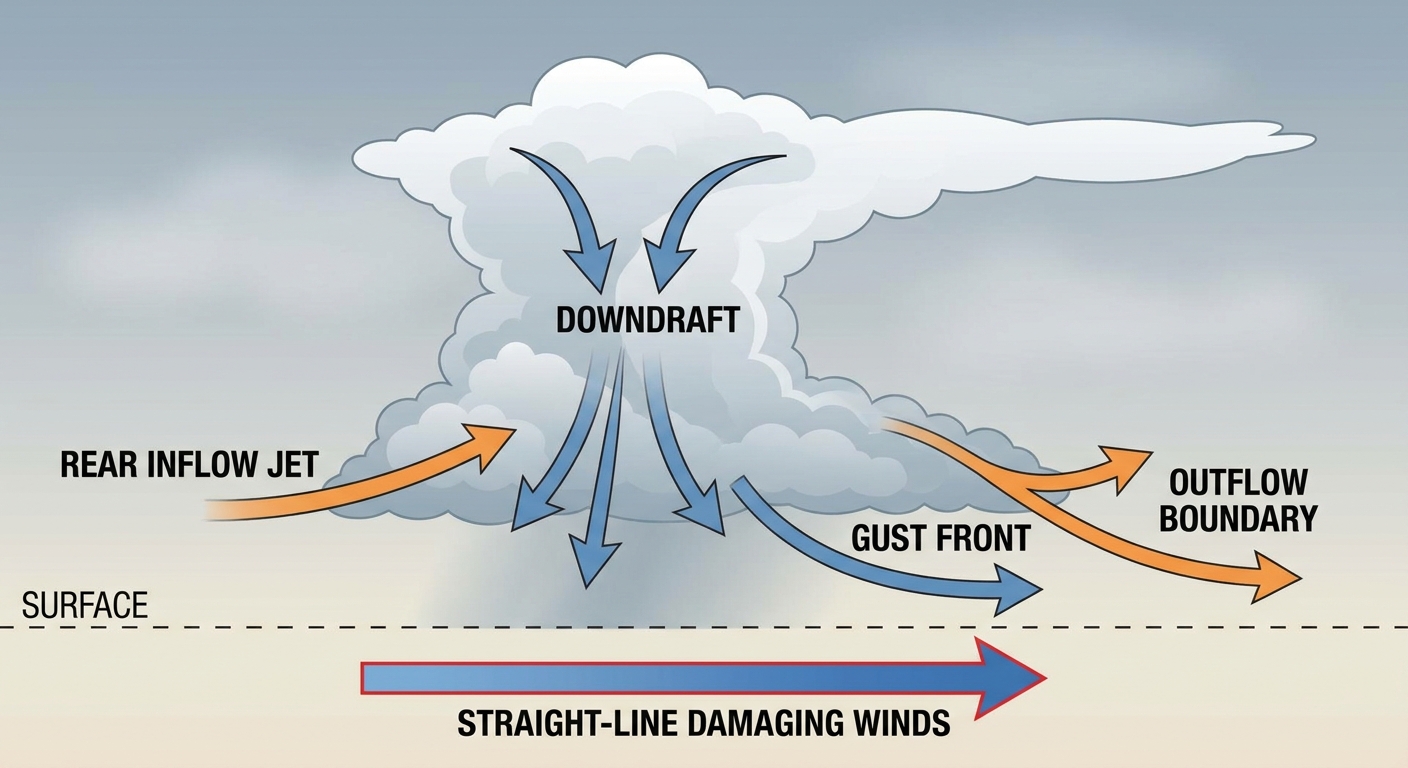 A cutaway diagram showing a thunderstorm cross-section with labeled downdraft, gust front, and rear inflow jet, illustrating how a storm produces damaging straight-line winds, clean educational infographic style, muted blue and gray tones, daytime lighting, labeled arrows