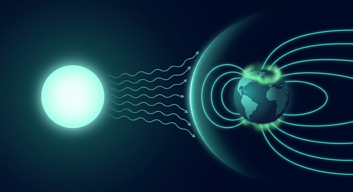 A simplified diagram of solar wind particles from a coronal hole streaming toward Earth's magnetosphere, showing the magnetic field lines bending and glowing aurora forming near the poles, labeled with 'solar wind', 'magnetosphere', and 'G1 storm level'