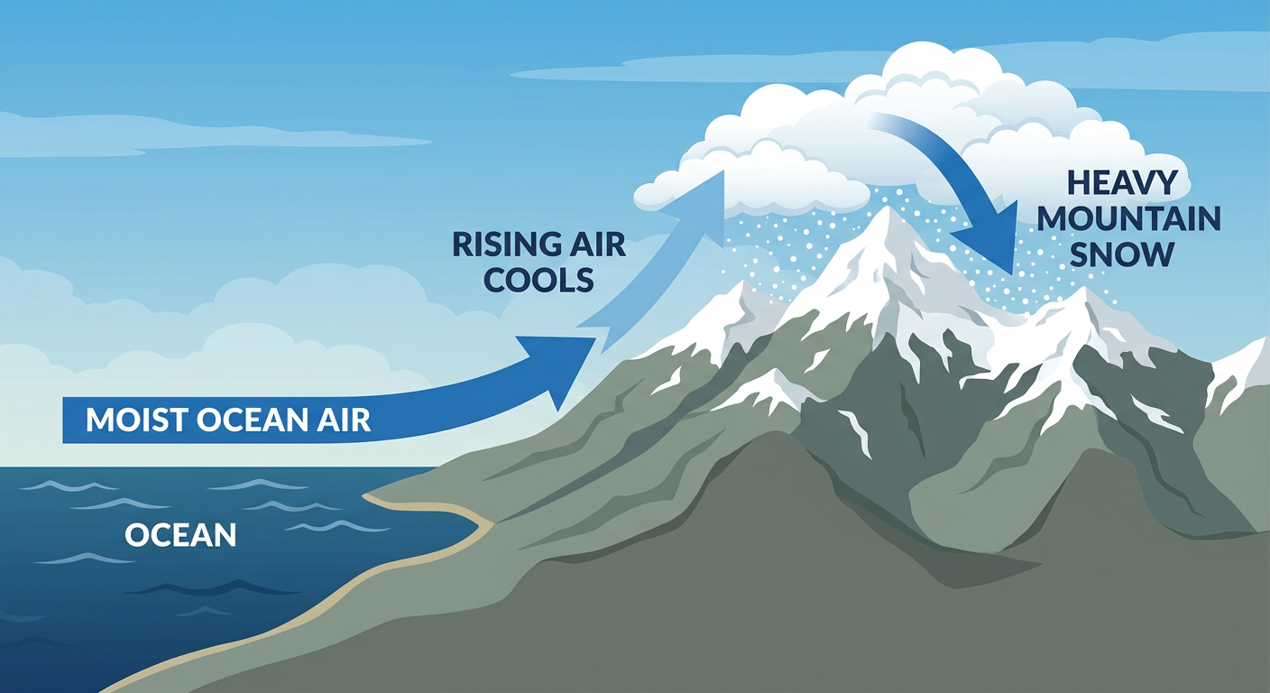 Infographic showing how an atmospheric river creates heavy mountain snow