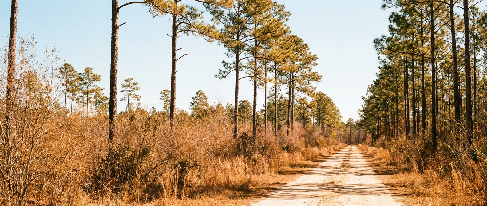Dry brush and pine trees under a clear blue sky in the Southeast