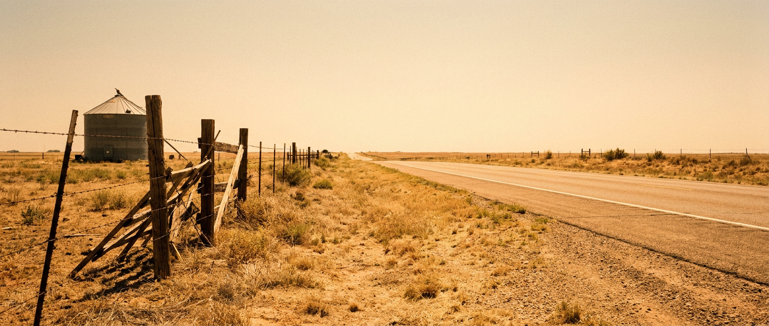 Heat shimmer rising off a two-lane Texas Panhandle highway at midday, harsh overhead summer sun, distant grain silo as foreground anchor, warm amber and dusty tan color palette, wide low-angle shot emphasizing heat distortion over asphalt