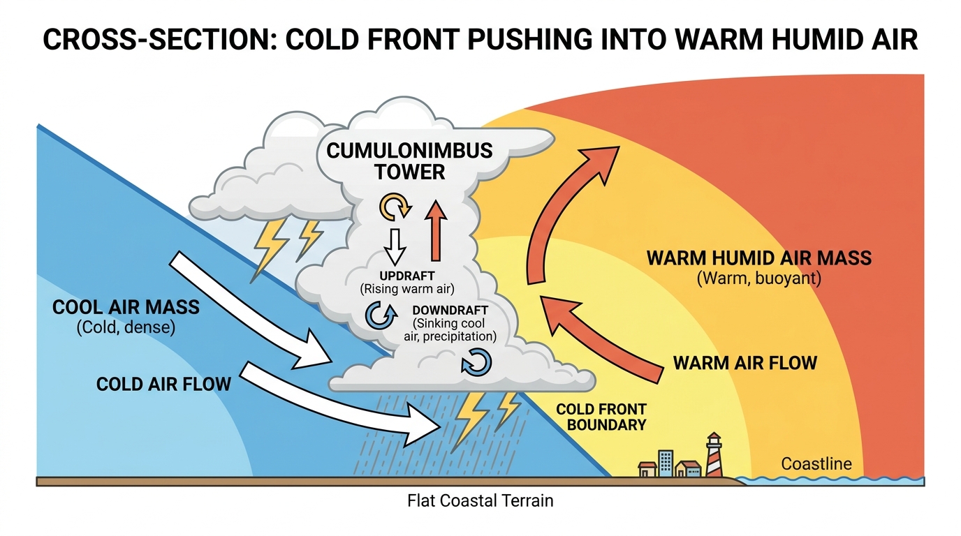 Diagram showing how a cold front approaching from the west interacts with warm humid air over the Mid-Atlantic to trigger severe thunderstorms