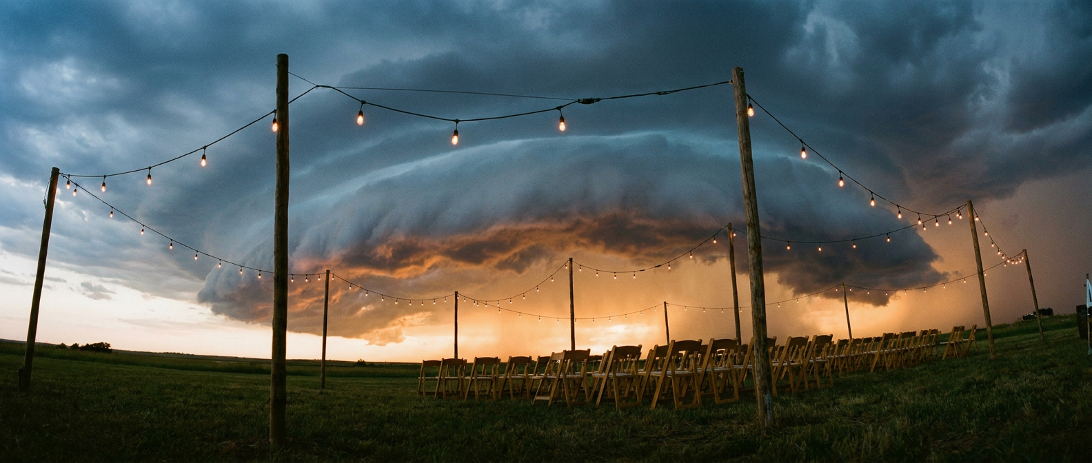 Shelf cloud rolling over an open festival field at dusk, string lights strung between poles, empty folding chairs, grass darkening under approaching clouds, warm amber stage lighting contrasted against a cool blue-gray sky, wide low-angle shot