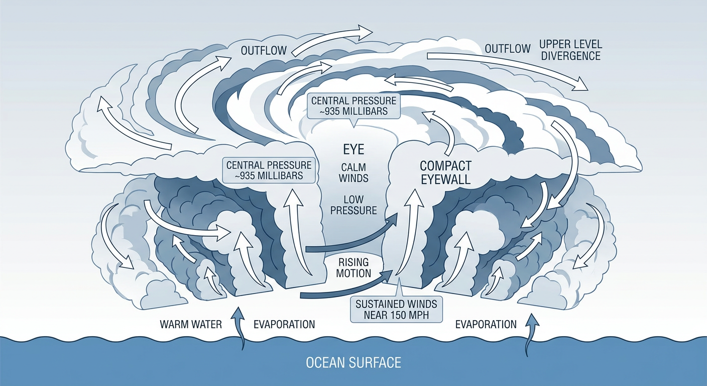 Cross-section diagram of a rapidly intensifying hurricane eyewall, showing warm ocean water fueling rising air, a compact eye, and an intense surrounding eyewall with labeled wind speed and pressure values