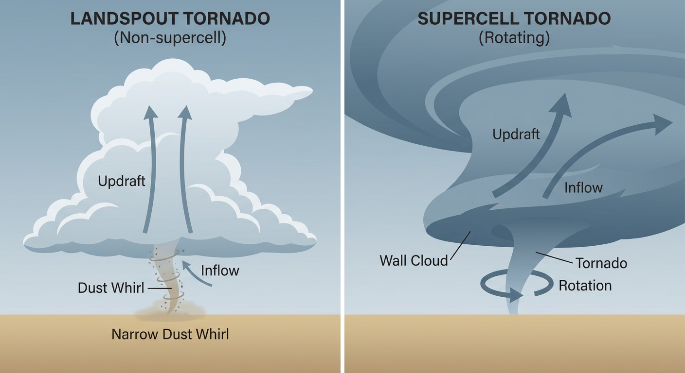 A cross-section diagram comparing a brief landspout tornado forming under a growing cumulus tower on the open plains with a stronger tornado forming beneath a rotating supercell updraft, labeled with airflow arrows and cloud base heights
