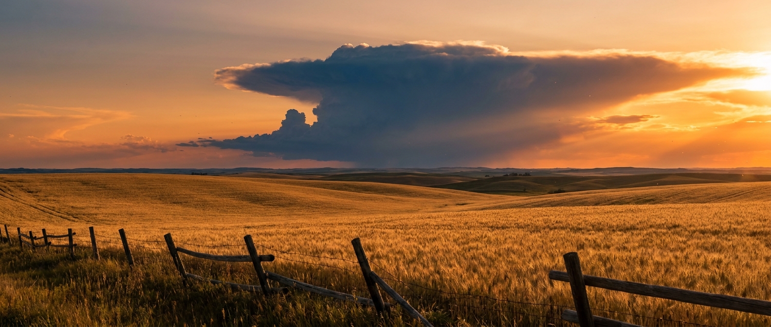 Building storm clouds over a wheat field ahead of Friday's Plains severe weather