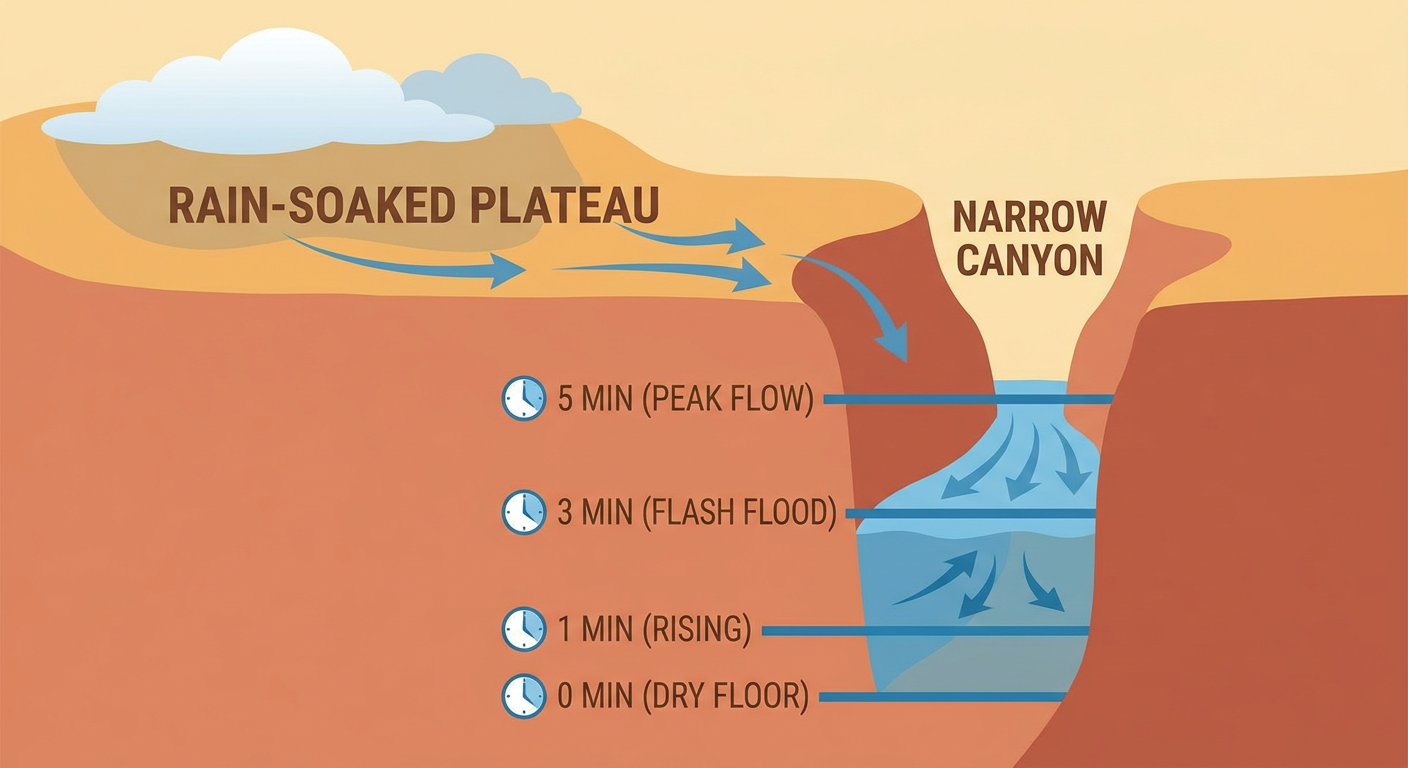 Diagram showing how a slot canyon flash flood forms, with rain falling on a wide plateau upstream funneling into a narrow canyon downstream, water level rising rapidly, labeled with time markers showing minutes between dry canyon floor and floodwater