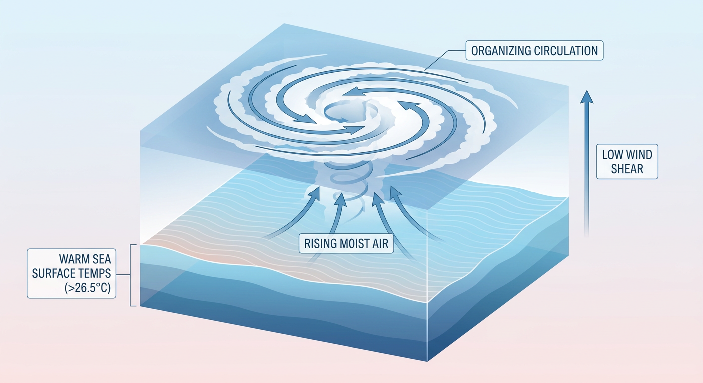 A cross-section diagram showing warm ocean water, rising moist air, and a developing low-pressure spin aloft, illustrating the basic ingredients for tropical cyclone formation