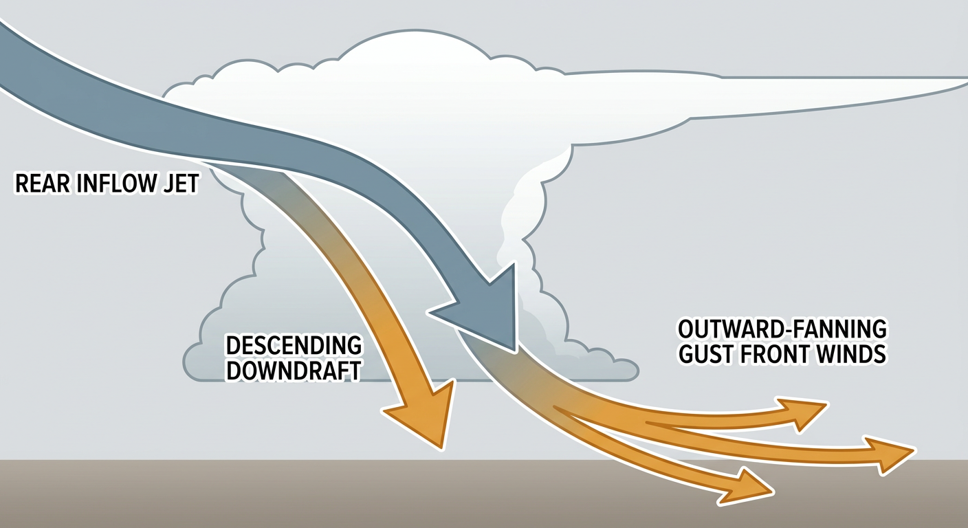 A cutaway diagram showing a bowing thunderstorm line seen from the side, with labeled arrows for rear inflow jet, gust front, and downburst winds pushing outward at the leading edge, rendered in a clean educational infographic style with warm afternoon lighting and a muted blue-gray color palette, no text logos