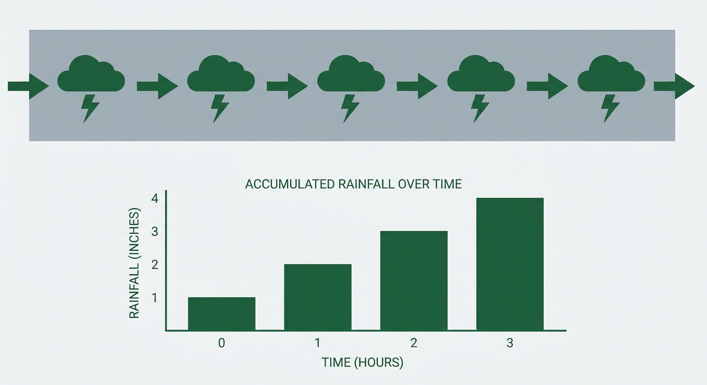 Training thunderstorm rainfall accumulation diagram: aerial cross-section style illustration showing multiple thunderstorm cells moving repeatedly over the same corridor, arrows showing storm motion along a fixed track, with a rainfall accumulation gauge showing totals building from 1 inch to 4 inches over several hours, clean minimalist infographic style