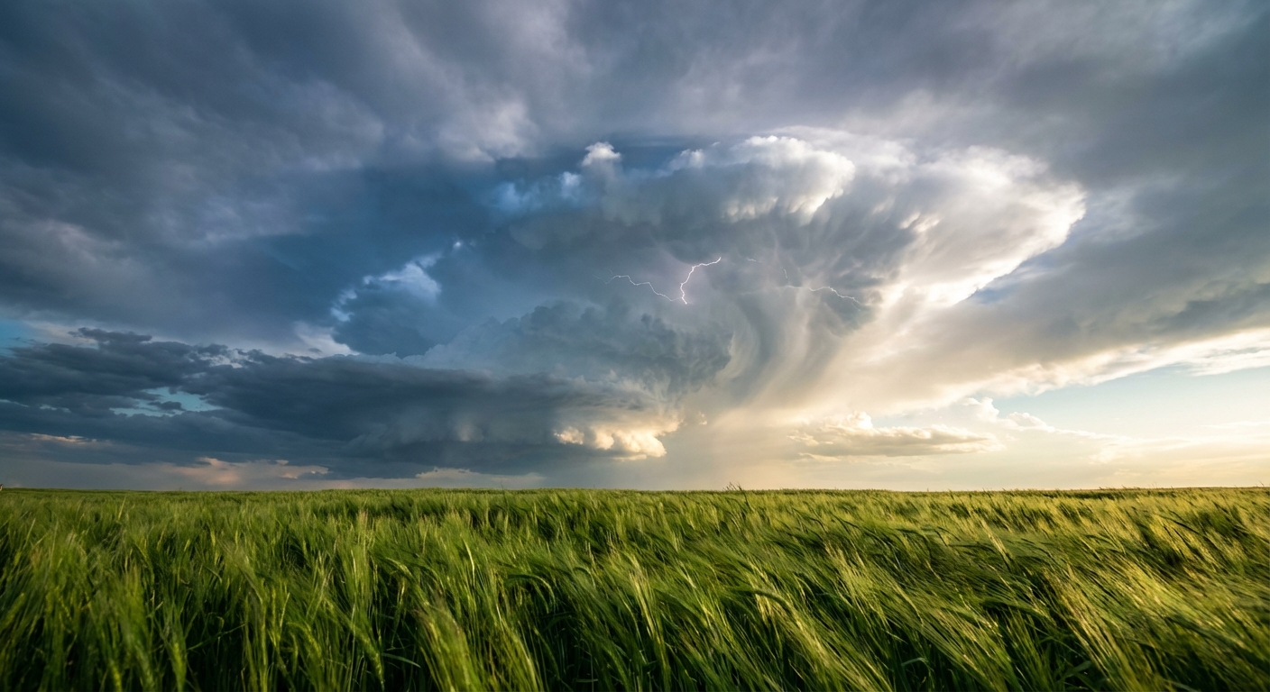 A severe thunderstorm updraft tower building over the Plains