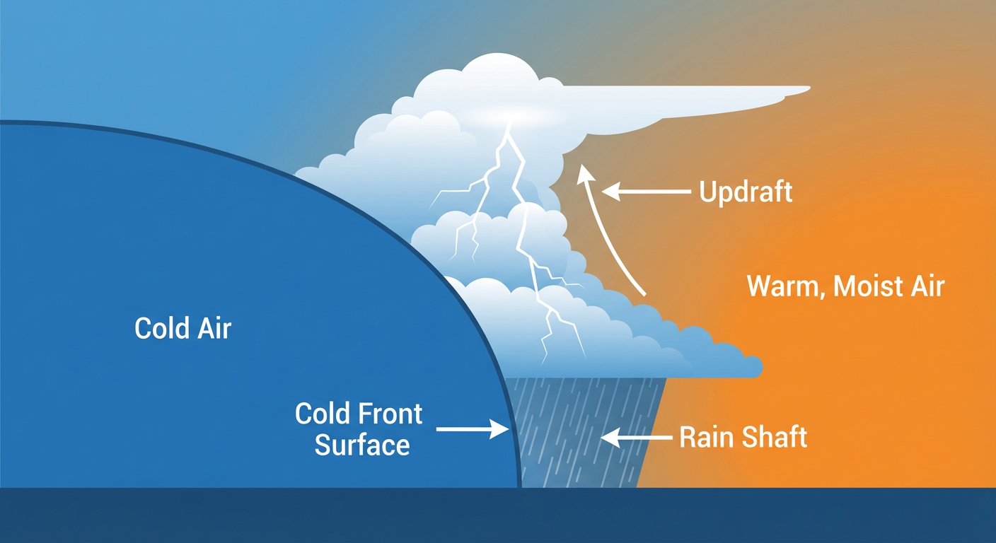 Diagram illustrating a cold front undercutting warm, moist air to create thunderstorms