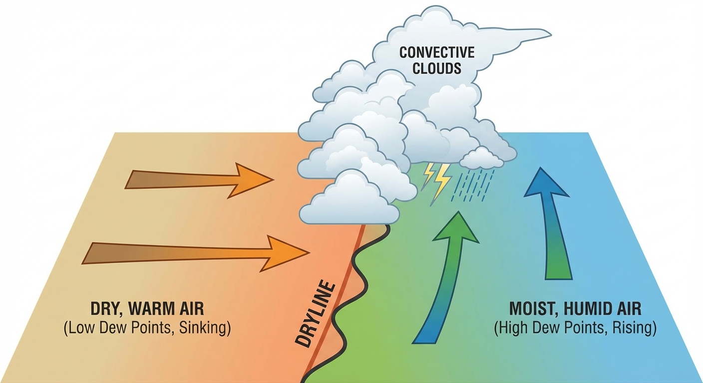Diagram showing a dryline separating dry desert air from moist Gulf air