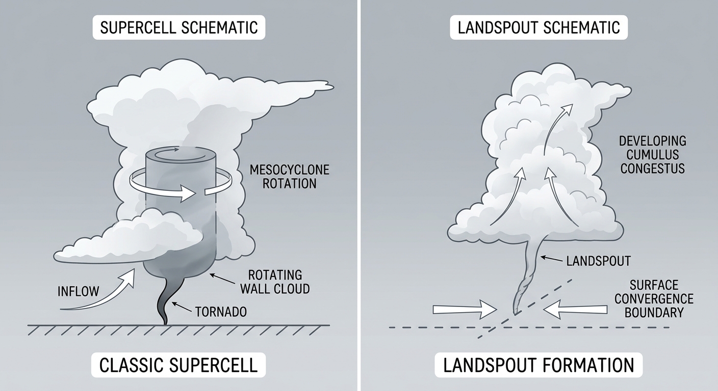 Side-by-side schematic comparing a supercell tornado fed by a rotating updraft versus a landspout forming along a surface boundary under a growing cumulus tower, clean educational diagram with labeled arrows for rotation and inflow, no map, neutral gray background