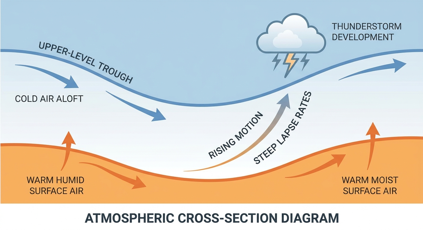A labeled cross-section diagram showing a strong upper-level trough with cold air aloft overriding warm humid surface air, arrows showing steep lapse rates and rising motion, clean educational style with temperature and wind labels, no text logos