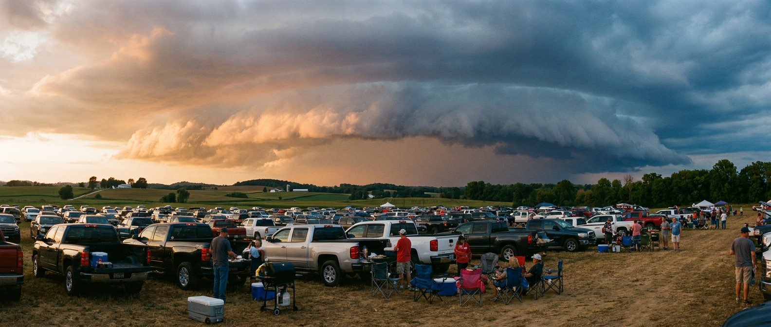 A shelf cloud rises behind a rural tailgate lot at dusk, trucks and grills in the foreground, warm amber light fading to cool blue-gray storm shadow, wide establishing shot, Ohio Valley farmland