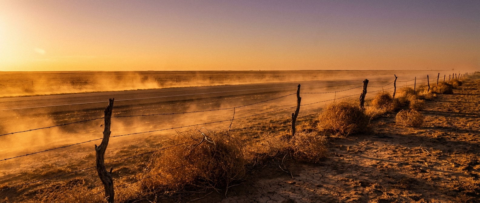 Dust blowing across a dry Texas Panhandle highway