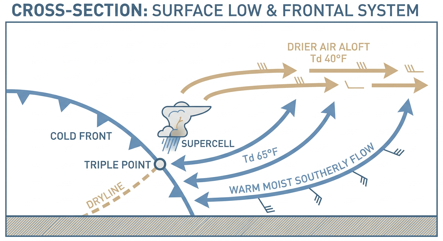 A cutaway diagram showing a surface low, a triple point where a cold front meets a dryline, and arrows showing warm moist air colliding with dry air aloft, labeled with dewpoint and wind shear values, illustrated in a clean educational style with muted blues and tans