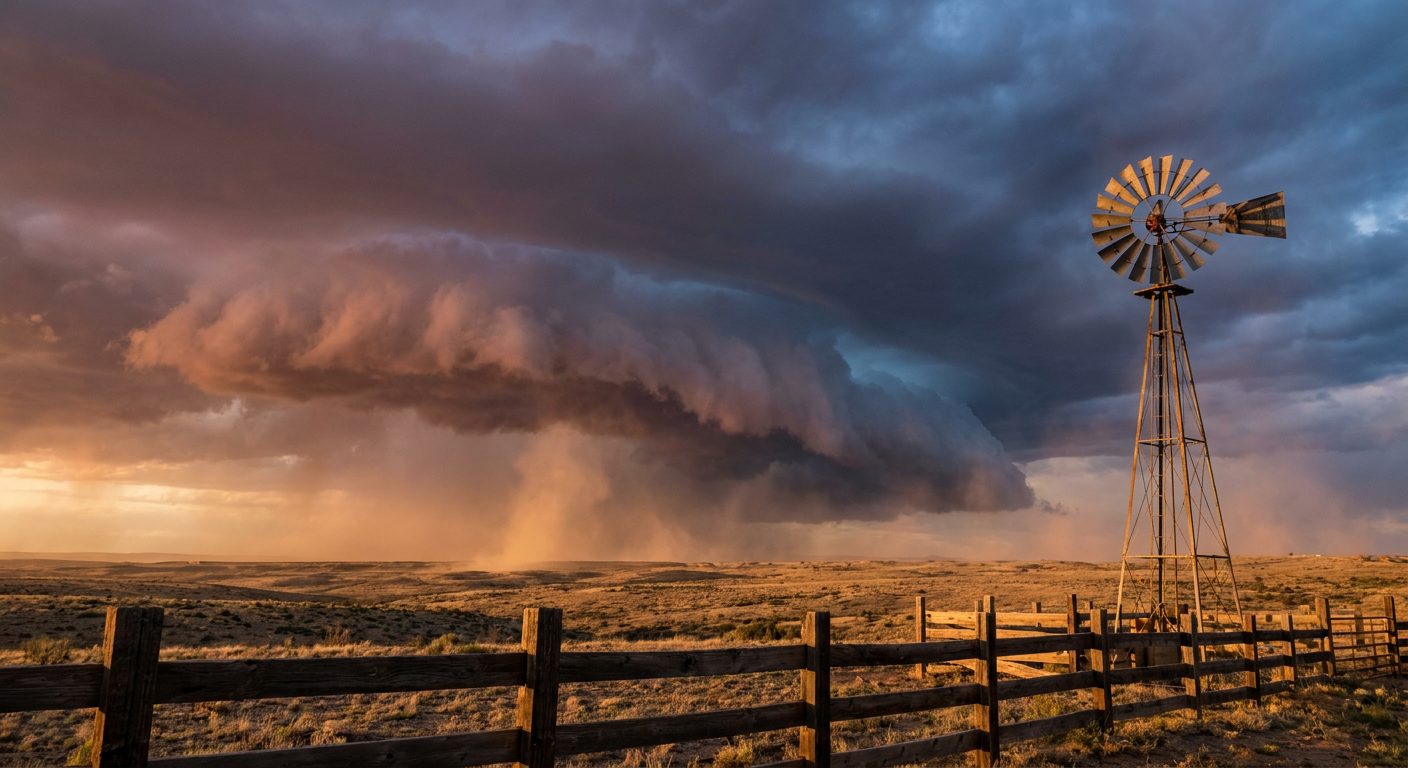 A shelf cloud rolls across a high desert landscape in late afternoon light, with a lone windmill and barbed-wire fence in the foreground, warm amber and dusty rose tones, wide establishing shot