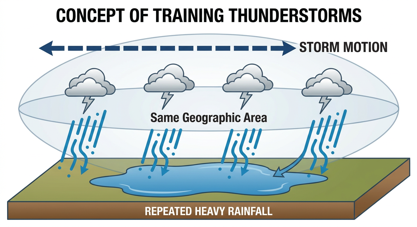 Diagram showing how training thunderstorms cause flash flooding