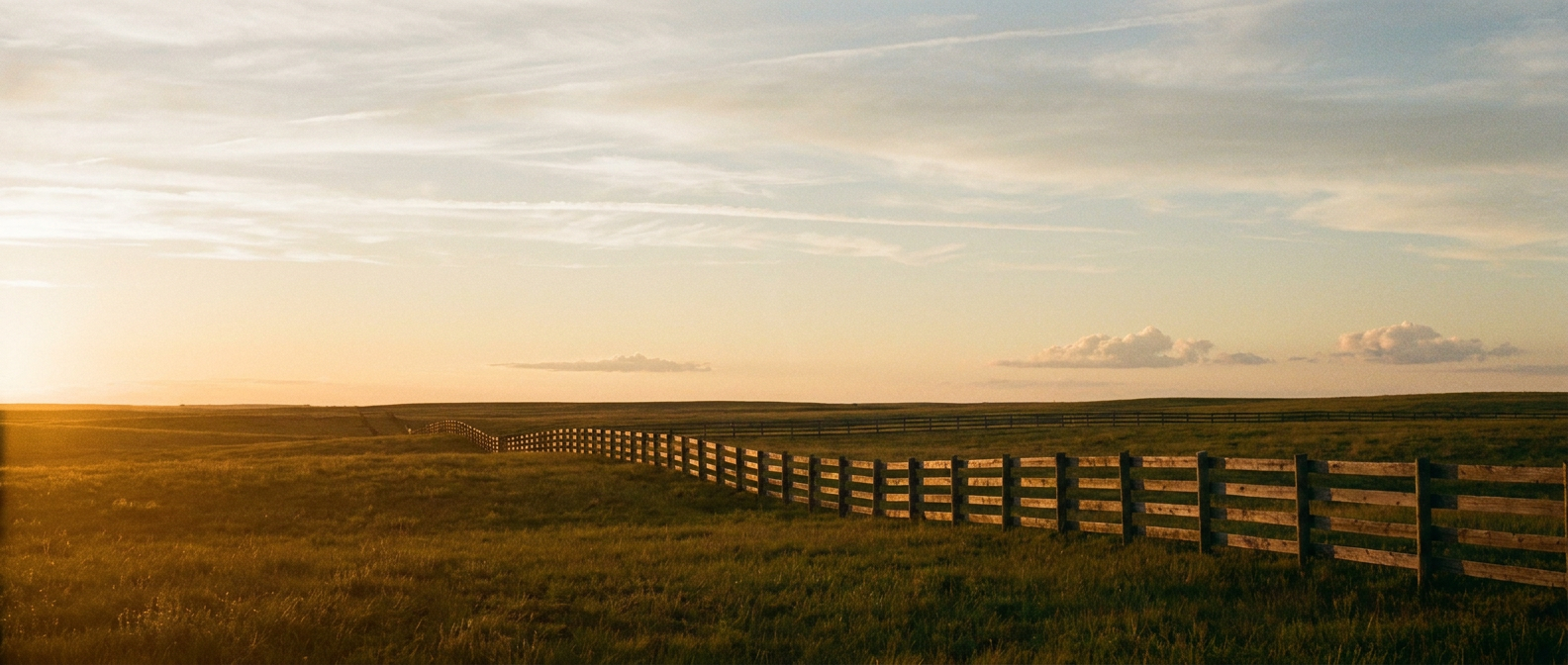 Wide skyscape at sunrise over the Southern Plains showing calm, high, thin cirrus clouds lit gold and pink, with a few distant low cumulus clouds hinting at Gulf moisture on the horizon, a weathered wooden fence line in the foreground, warm amber and soft blue color palette, low-angle wide establishing shot