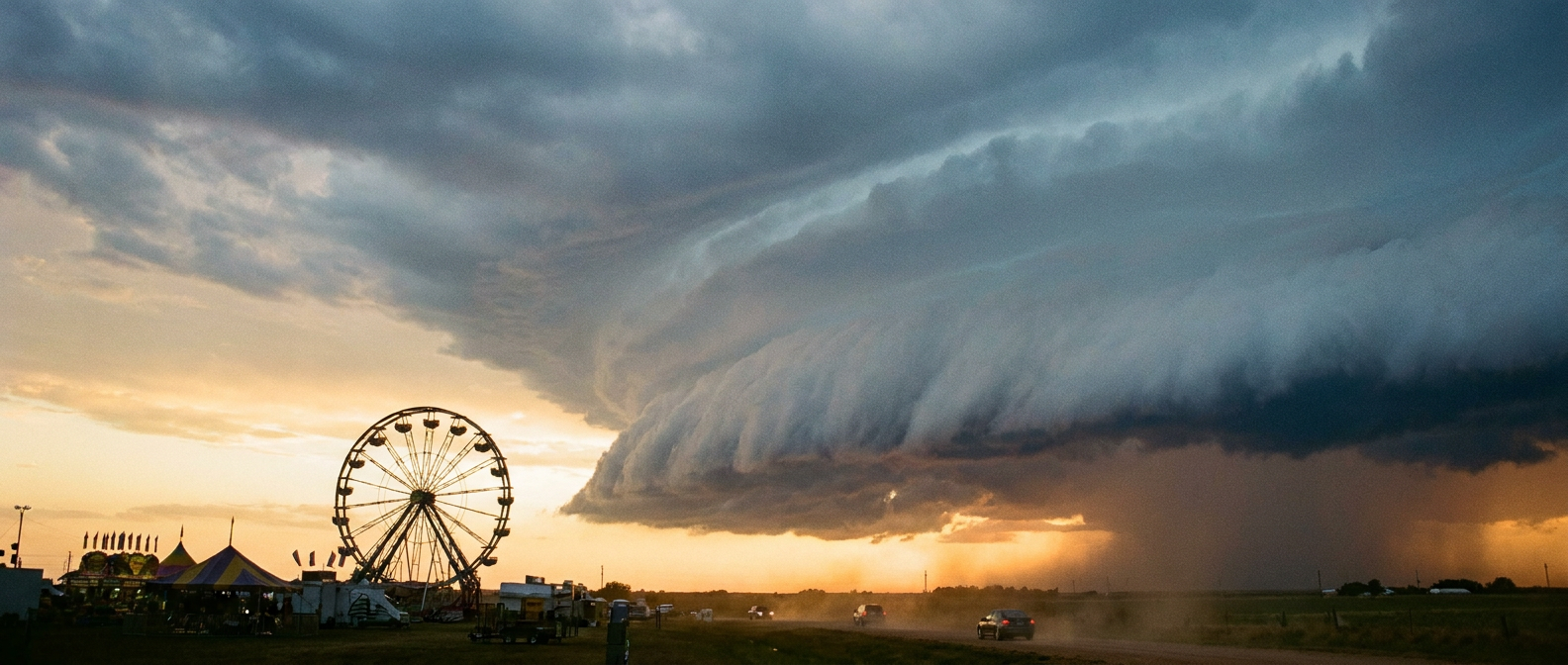 Shelf cloud advancing over an Oklahoma fairgrounds at golden hour, with a Ferris wheel silhouette in the foreground