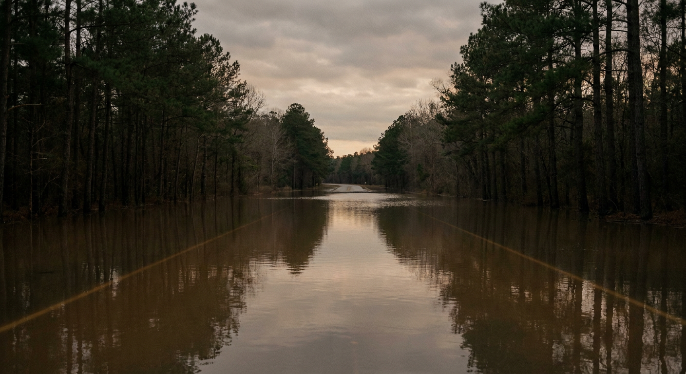 Standing floodwater on a rural East Texas highway at dusk, reflecting a gray-orange sky, pine trees lining the road in the background, muted earth-tone color palette, eye-level camera perspective