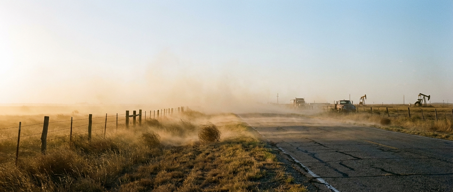 Dust blowing across a Texas highway as the dryline sharpens
