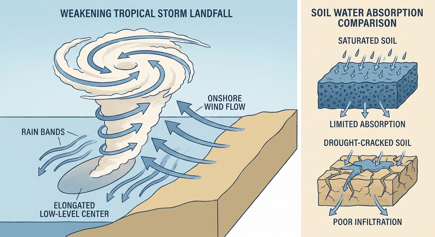 Cross-section diagram showing a tropical storm's asymmetric rain bands, with the strongest convection displaced from the low-level center, arrows indicating onshore moisture flow, and a labeled comparison of saturated versus drought-stressed soil absorbing rainfall