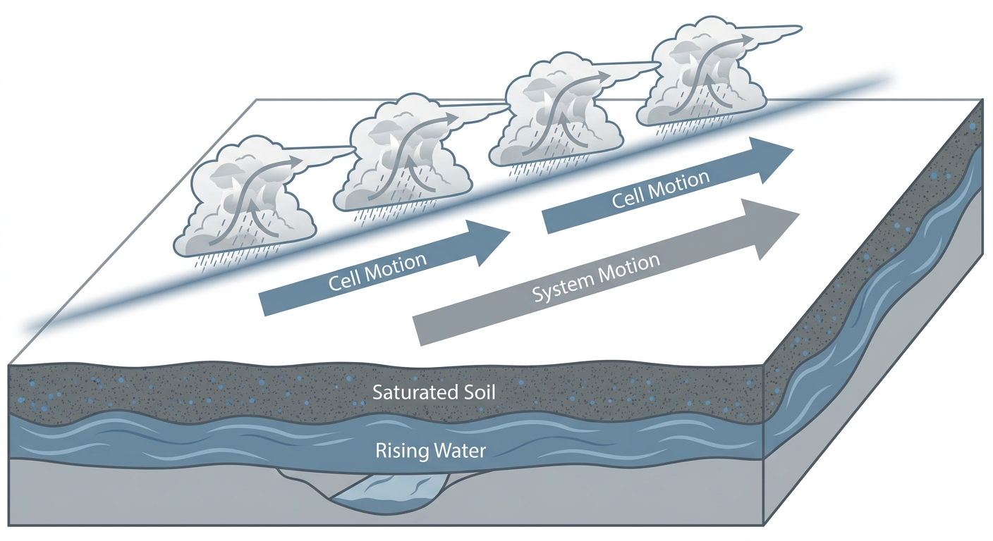 Diagram showing how repeated thunderstorm cells moving over the same path, known as training, cause flash flooding even when each individual storm is not extreme, with labeled arrows showing storm motion versus cell motion