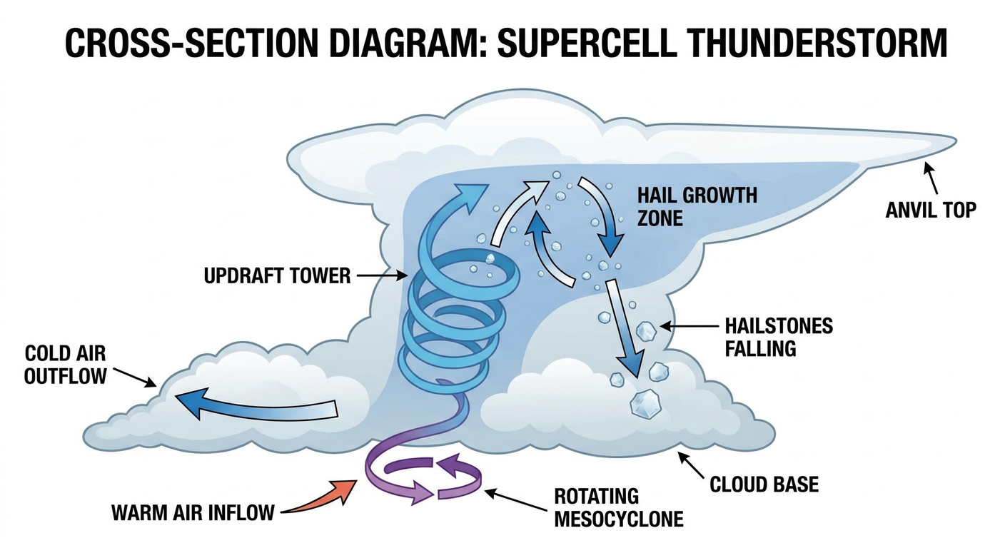 Cross-section diagram of a supercell thunderstorm showing the updraft tower, hail growth zone, and mesocyclone, labeled with arrows and text callouts, illustration style, clean educational infographic