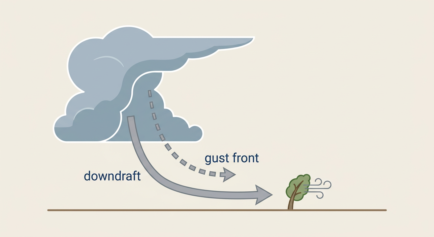 A simplified cross-section diagram illustrates how a line of thunderstorms produces damaging straight-line winds, showing cool descending air spreading out at the surface ahead of a storm line, labeled with arrows for downdraft and gust front, clean educational illustration style