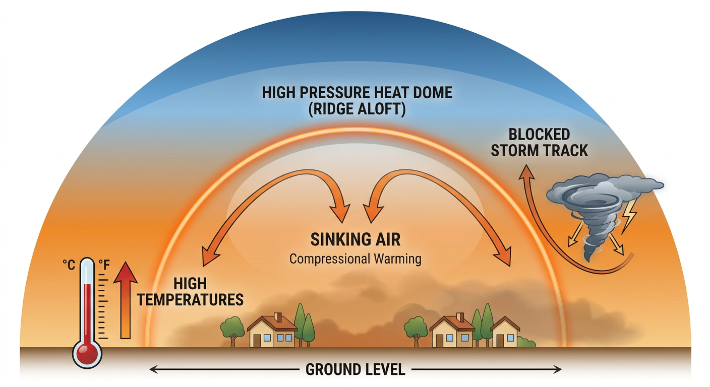 Cross-section diagram showing how a strong upper-level high pressure ridge creates a heat dome, with labeled arrows for sinking air, compressional warming, and a blocked storm track, plus a thermometer showing rising surface temperatures