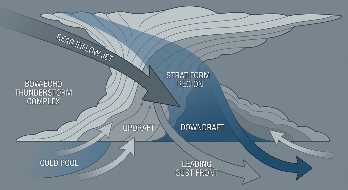 Schematic cross-section of a bow-echo mesoscale convective system showing a rear inflow jet driving a gust front and leading edge of damaging winds, labeled with simple arrows