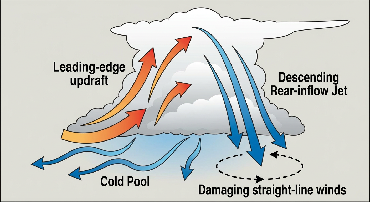 Cross-section diagram of a bow echo showing the rear-inflow jet driving straight-line winds down to the surface, with an updraft on the leading edge and descending cold air behind, labeled arrows, clean explainer style on a neutral background