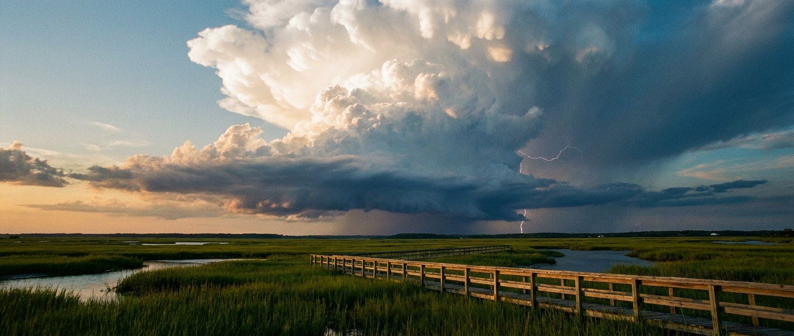 Dark storm clouds building over a coastal landscape