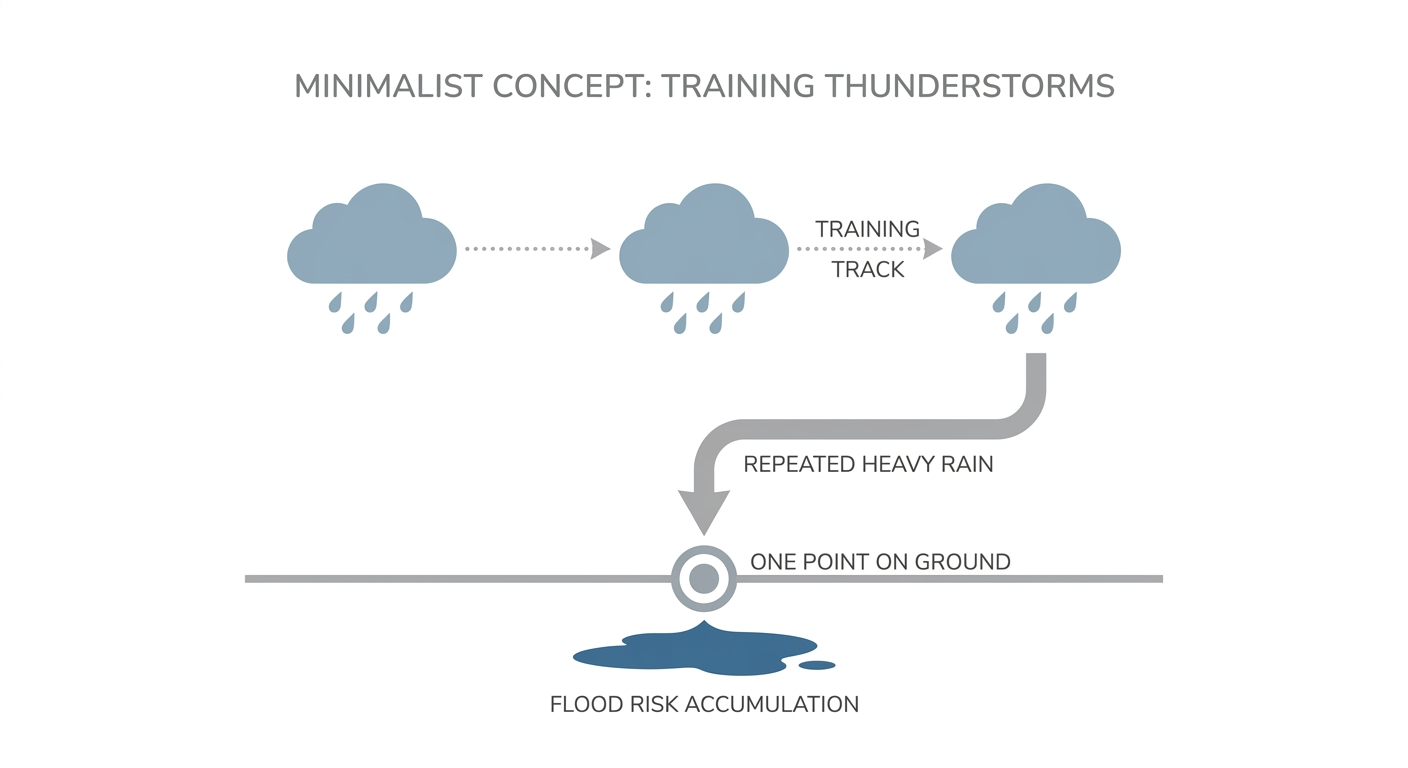 Simple diagram illustrating training thunderstorms, showing three storm cell icons moving one after another along the same ground track like train cars on a track, with an arrow showing repeated rainfall accumulation building up over one location, minimalist educational graphic